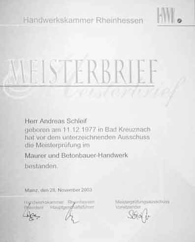 Meisterbrief von Andreas Schleif